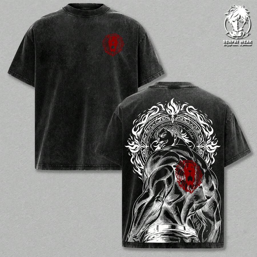 Camiseta de Escanor – Camiseta Gráfica de Anime Oversize de Los Siete Pecados Capitales, Camiseta de Algodón Grueso con Efecto Lavado Ácido, Ropa Urbana Vintage de Manga, Ropa Casual Unisex, - Negro - Ver 1