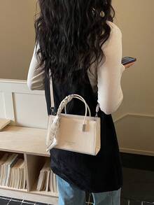 New Vintage Fashion Embossed Mini Square Handbag, Decorated With Scarf, Zipper Closure, Adjustable Long Shoulder Strap, Small Capacity Lightweight Minimalist Crossbody Bag - Beige - View 3