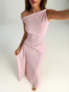 Elegant Blush Pink One Shoulder Dress Women Sleeveless Draped Maxi Dress For Wedding Guest Prom Summer Vacation Going Out Graduation - Baby Pink - View 10