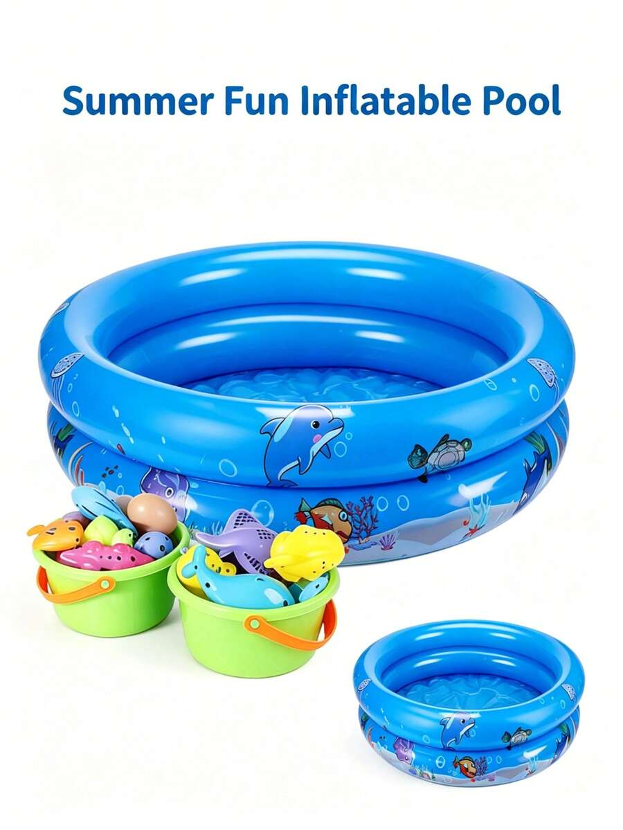 1pc,Outdoor 2-Ring Round Inflatable Swimming Pool,Ocean Printed Inflatable Round Pool,Round Double Layer Inflatable Pool 90cm, Cartoon Sea Animal Pattern PVC Portable Water Basin For Outdoor Backyard Summer Bath, Sandbox & Fishing Activity - Multicolor - View 1
