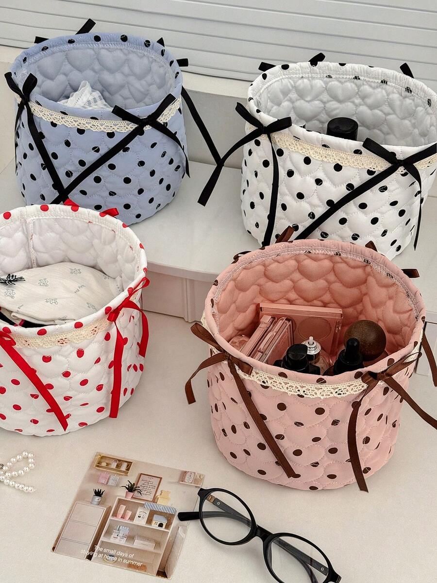 Fresh Large Polka Dot Cylindrical Storage Basket, Multiple Colors Available, Student Dormitory Makeup Organizer Storage Basket - Multicolor - View 1