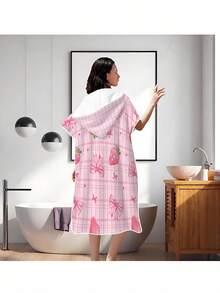 1pc Pink Plaid Strawberry Bow Pattern Hooded Bath Towel, Modern Style Ultra-Fine Microfiber Rectangular Absorbent Changing Robe Multi-Function Towel Suitable For Indoor Bathroom Outdoor Beach Bath Towel Bathrobe Birthday Gift, All Season Bathroom Bathing Home Shower Wrap Bathing Robe, Loose Fit Unisex Couple Loungewear Suitable For Christmas And Other Holidays - Multicolor - View 5