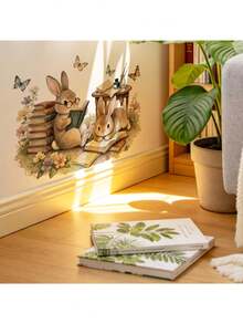 1pc Reading Rabbit Flower Butterfly Wall Sticker, Self-Adhesive Removable PVC Decal, Creative DIY Study Room Background Wall Decor, Home Wall Art Arrangement - Rabbit, Flower, Butterfly - View 5