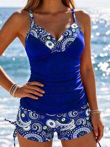 Casual Royal Blue Camisole Top And Floral Paisley Print Swim Bottoms, Women's 2-Piece V-Neck Swimwear Vacation Beach Summer - Blue - View 4