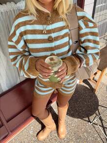 Women's 2 Pieces Knit Set, Round Neck Loose Long Sleeve Cardigan + Drawstring Waist Shorts, Contrast Stripe & Single-Breasted Design, Soft Fuzzy Knit Casual Daily Vacation Outfit For Autumn/Winter - Multicolor - View 5