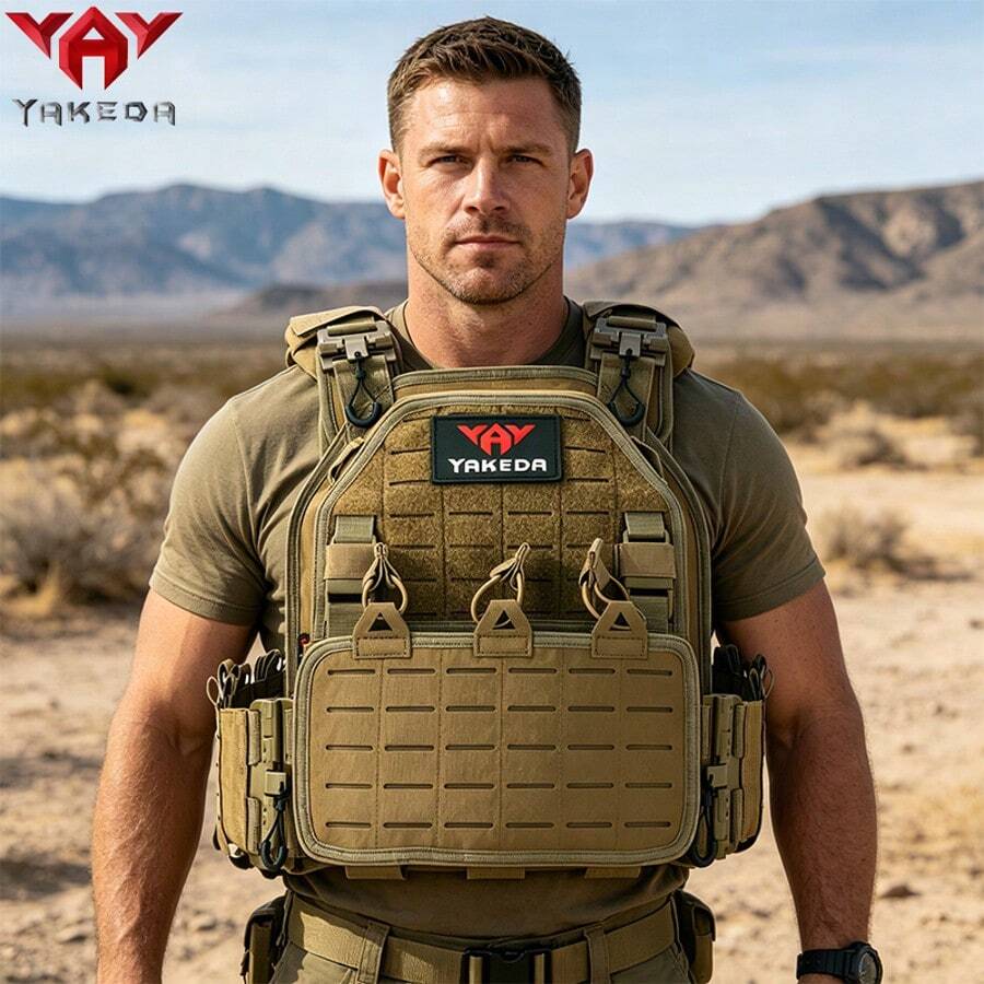 VAV YAKEDA Outdoor Activity Vest With Quick Release Buckles, 1000D Polyester Multi-Purpose Vest, Fully Detachable Parts & Laser Cut Design, Hook And Loop Panel, Elastic Adjustable Waist 75-125cm, Breathable Hapalon Straps, Hiking, Camping And Outdoor - Tan - View 1
