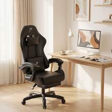 HLONONE Silla gaming con reposapiés, reposabrazos articulados, acolchado de espuma, respaldo ajustable a 135°, soporte para la cabeza y lumbar – Silla de oficina ergonómica de piel sintética para oficina en casa, zona de juegos, dormitorio y salón. - Negro - Ver 2