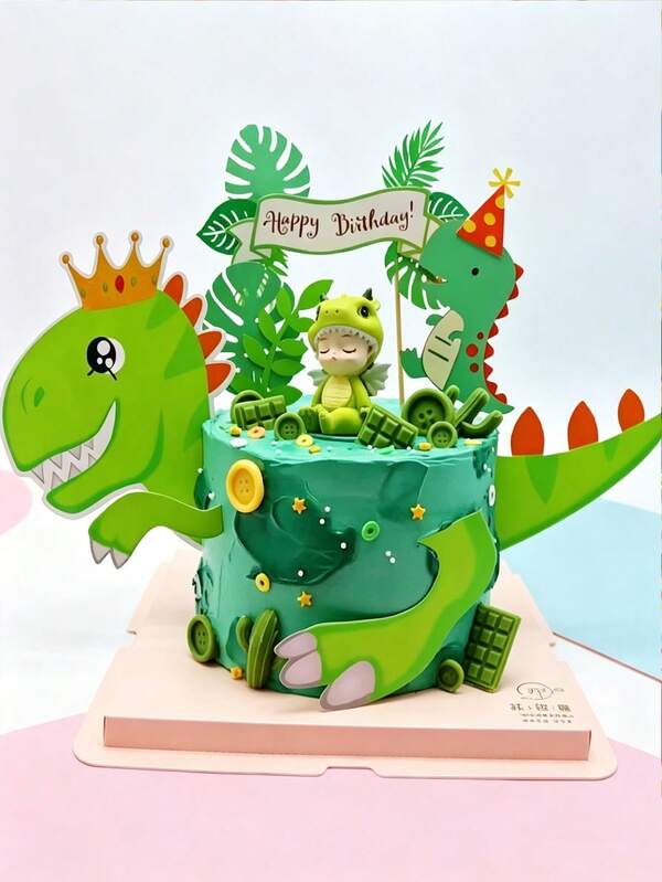 1Pc Dinosaur Theme Cake Topper, Volcano Dinosaur Tree Decor For Milestone Birthday Theme Party