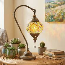Turkish Moroccan Mosaic Glass Table Lamp, Handmade Swan Neck Bedside Lamp With Bronze Base, 3 Color Modes LED Light, Decorative Nightstand Lamp For Bedroom, Living Room, Boho Home Decor, LED Bulb Included, Orange. - Xem 4