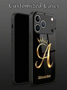 1 Peça Capa de Telemóvel Personalizada com Nome, Padrão de Coroa de Strass de Luxo, TPU Líquido com Borda Completa + Vidro Temperado, À Prova de Choques e Riscos, Compatível com Apple 17 ProMax/16 ProMax/15 Pro/14 Plus/13 Pro/12 Pro Max/11/Xs Max/8/7/6 Plus, S24 Ultra/S25 Ultra, Compatível com Redmi/Phone, Versão Internacional, Não a Versão Doméstica - Preto 2 - Ver 8