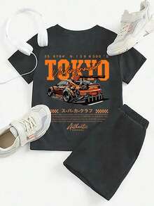 Tween Boy Cartoon Graphic Print Crew Neck Short Sleeve T-Shirt And Shorts Set - Dark Grey - View 6