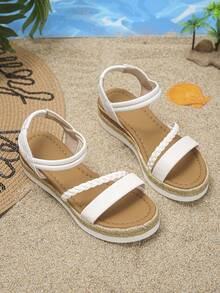 1 Pair Teen Girls White Thick Sole Sandals, Summer Rope Woven Comfortable Lightweight Kids Shoes, Square Toe Fashion Sandals For Girls, Suitable For School And Daily Wear - White - View 2