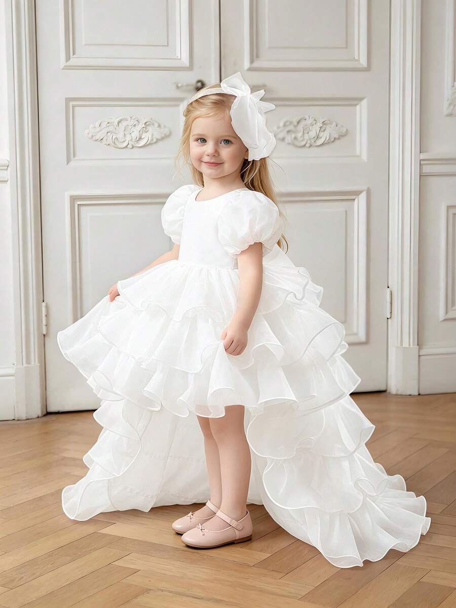 女嬰蝴蝶結歐根紗泡泡袖可愛1歲生日花童禮服裙附拖尾,附贈髮帶 - 白色 - 查看 1