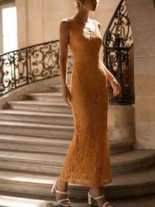 Vestido de fiesta elegante sin mangas de encaje ajustado tipo sirena para mujer, vestido de lujo para invitada de boda y gala de noche, vestidos de verano para playa y vacaciones, atuendos para regreso a clases - Naranja - Ver 1