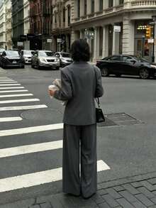 Fashion Solid Color: Grey Slim Fit Suit Set With Notch Lapel Jacket And Pleated Wide Leg Pants - Casual Street Style - Light Grey - View 3
