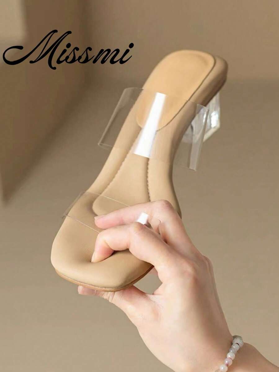 Comfortable Thick Sole Transparent Crystal Strap Sandals, Women Summer Outdoor Slide Slippers, Plus Size Chunky High Heel Shoes - Apricot - View 1