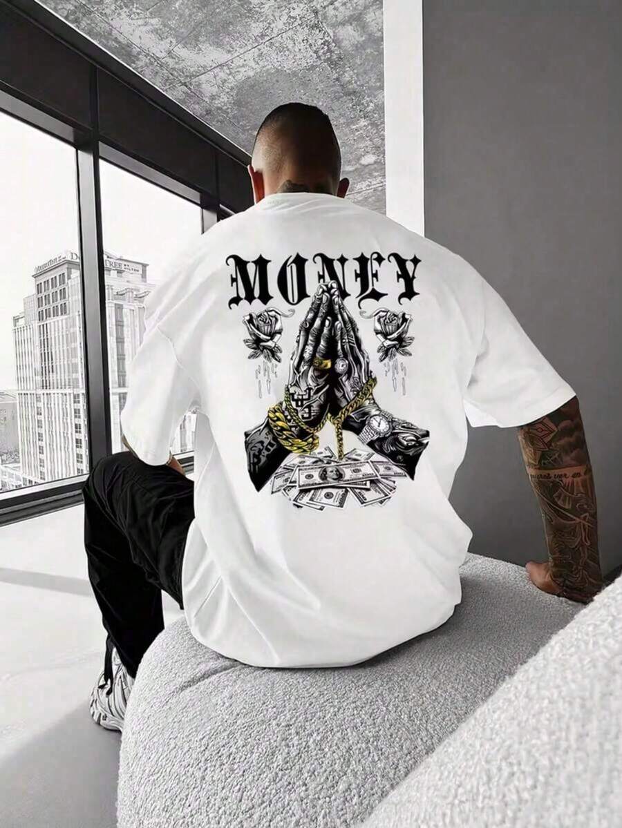 Zrgoth Men's Casual And Versatile Short Sleeve T-Shirt With Simple Money Print - 白色 - 查看 1