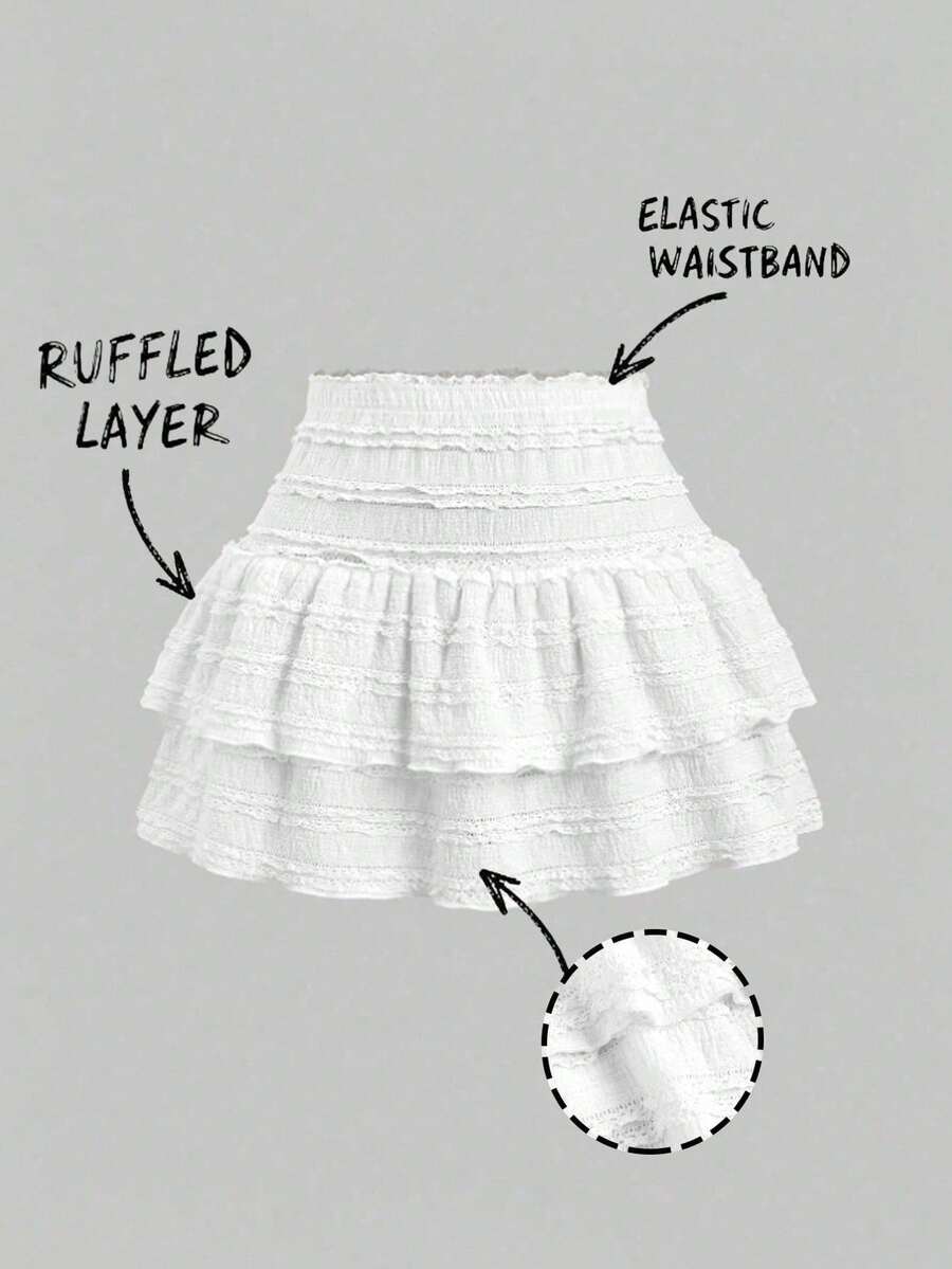 Y2K Casual Resort Mini Skirt With Double-Layered Hem And Solid-Color Ruffle Trim - Blanco - View 1