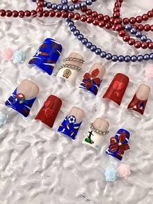 10 piezas Uñas postizas para mujer fan de fútbol, uñas acrílicas falsas hechas a mano, tema rojo & azul, decoración de arte de uñas 3D de fútbol & flores, cuadradas brillantes, reutilizables, suministros de arte de uñas, decoración de arte de uñas - Multicolor - Ver 2