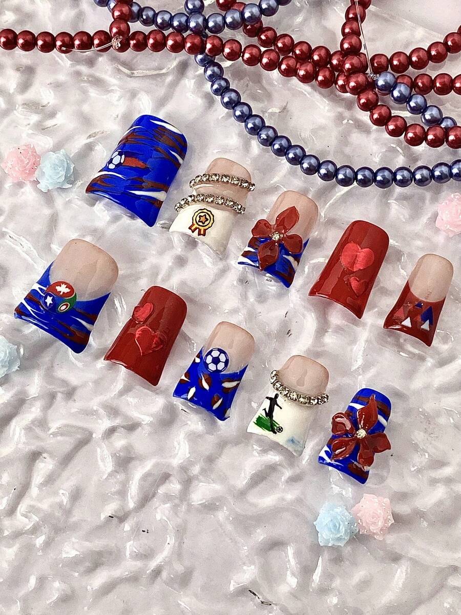 10 piezas Uñas postizas para mujer fan de fútbol, uñas acrílicas falsas hechas a mano, tema rojo & azul, decoración de arte de uñas 3D de fútbol & flores, cuadradas brillantes, reutilizables, suministros de arte de uñas, decoración de arte de uñas