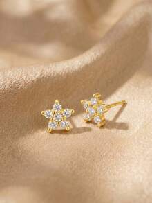 18K Gold Plated S925 Silver Pave CZ Star Stud Earrings, Elegant Minimalist Hypoallergenic Accessories With Gift Box For Women - Gold - View 3