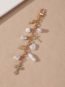 1pc Fashionable Elegant White Asymmetrical Pearl Cross Heart Flower Pendant Charm, Suitable For Daily Decoration Of Bags And Car Keychains - White - View 3