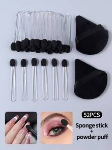 Juego de 52 piezas de aplicadores de esponja reutilizables para sombra de ojos & borlas de terciopelo triangulares para polvo, multiusos para maquillaje de ojos, fijación facial y cosméticos diarios - Negro - Ver 3
