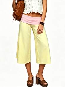 Women 's Fold Over Lounge Capris Wide Leg Low Rise Cropped Gaucho Pants Solid Color Flowy Pajama Bottom - 黃色 - 查看 2