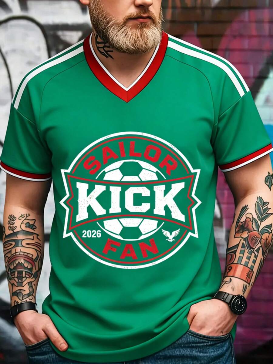 Men's Short Sleeve T-Shirt, Retro Football Style, Circular Design "SAILOR KICK Fan 2026" - Green - View 1