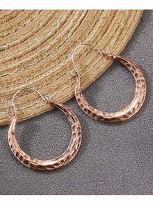 1 Pair Women's Elegant Luxury Hoop Earrings, Vintage Hammered Wavy C-Shaped Earrings, Copper Textured Open Round Earrings, Bohemian Asymmetrical Wavy Earrings, Suitable For Women's Daily Party Wear, Copper Material, Nickel-Free Plated, Suitable For Women's Daily And Banquet Occasions, 1 Pair - Rose Gold - View 2