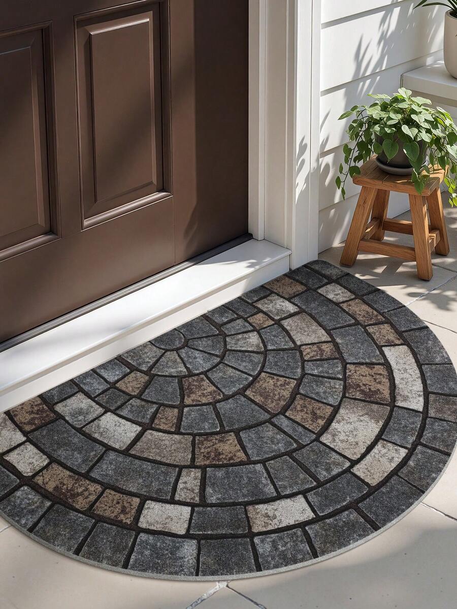 DAJIANG 1pc Stone Pattern Doormat - Thick Non-Slip Soft Velvet Carpet, Essential Home Decor, Suitable For Porch And Living Room, Machine Washable Polyester Material, Fashionable Round Design, Mosaic Print, Living Room