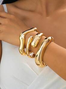 3 piezas de brazaletes de metal dorado con diseño geométrico hueco exagerado, brazaletes apilables de joyería adecuados para mujeres, uso diario, fiesta, vacaciones, regalo de joyería gruesa - Dorado - Ver 30