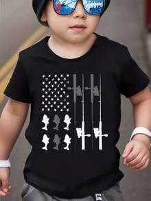 Camiseta de manga corta para niños con estampado de bandera y caña de pescar, moderna y creativa para primavera/verano, cuello redondo, estilo casual, adecuada para uso diario al aire libre - Negro - Ver 1