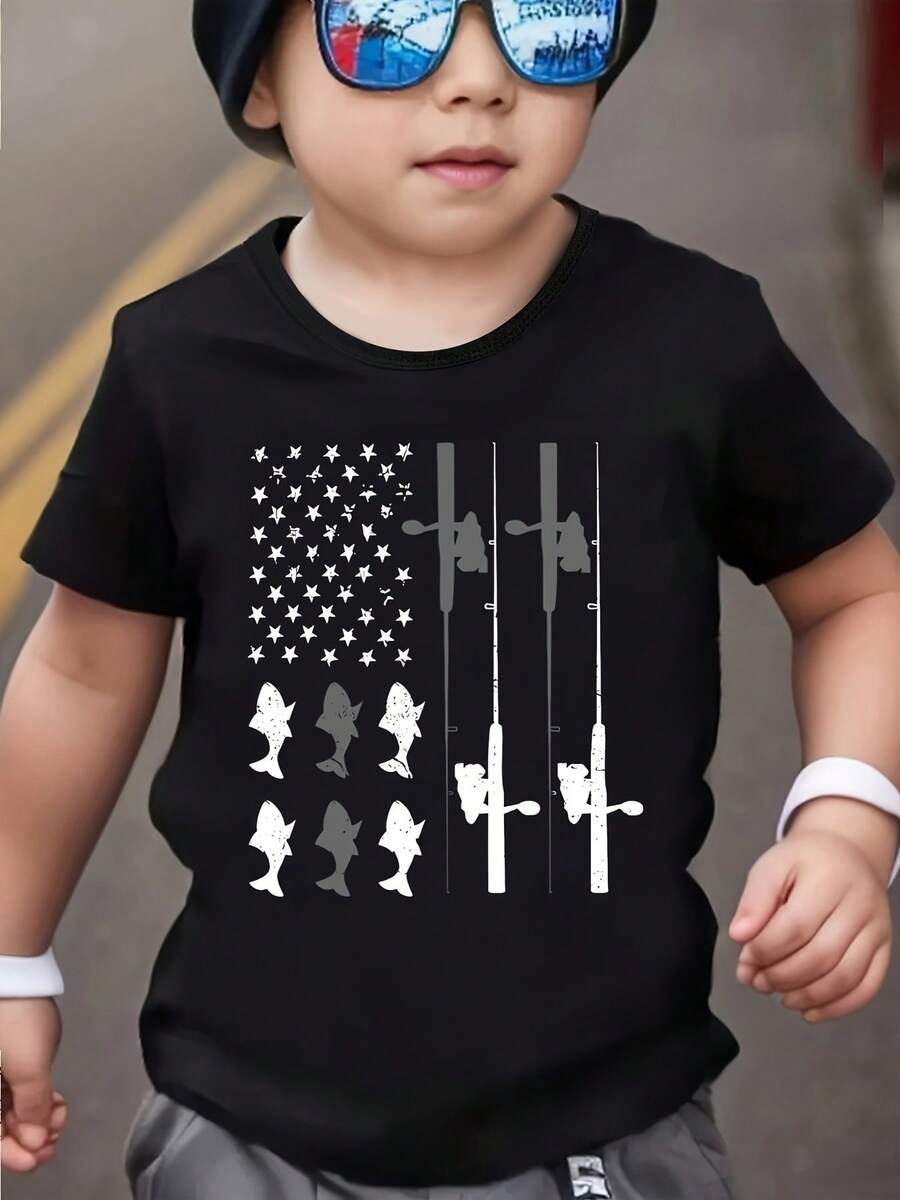 Camiseta de manga corta para niños con estampado de bandera y caña de pescar, moderna y creativa para primavera/verano, cuello redondo, estilo casual, adecuada para uso diario al aire libre - Negro - Ver 1