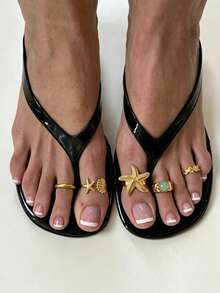 Juego de 5 anillos para el dedo del pie estilo vacaciones de playa con estrella de mar, anillos abiertos ajustables apilables con piedras preciosas creativas - Multicolor - Ver 2
