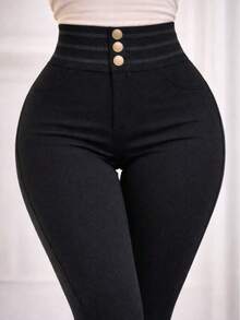 Maritza - Yellow Rib Pants With Gold Buttons - Black - View 11