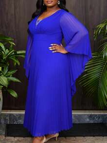 AOMEI Elegant Noble Royal Blue Chiffon Pleated Long Dress V-Neck Beaded Decor Long Batwing Sleeve Waist Belt Luxurious Evening Wedding Guest Party Gown - Blue - View 6