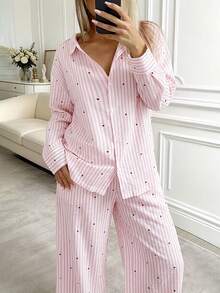 Nina Bonheur 2pcs Women Loose Comfortable Breathable Long Sleeve Top And Long Pants Pajama Set - Pink - View 2