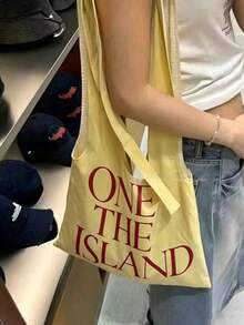 Japanese & Korean Style Niche Design Ins Slouchy Tote Bag, Large Capacity Shoulder Underarm Tote Bag, Letter Print Versatile Shopping Bag - Yellow - View 5