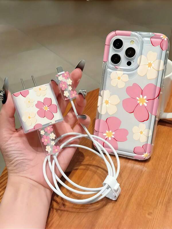 Conjunto de Estojos Com Estampa Floral, Capa Para Celular +Conjunto de Capa Protetora Para Cabo de Dados, Anti-queda e Anti-colisão, Compatível Com iPhone16 Pro Max/16Pro/16Plus/16/15 Pro Max/15/14/13/12/11