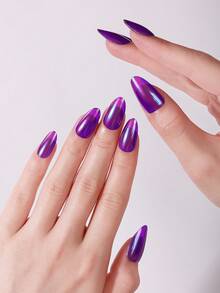20Pcs Glossy Mirror Semi-Cured Gel Nail Strips,Cool Electroplated Purple Design Self-Adhesive Gel Nail Stickers, Salon Quality, Easy To Apply,Perfect For Women's Parties And Music Festival Manicures - Violet Purple - View 3