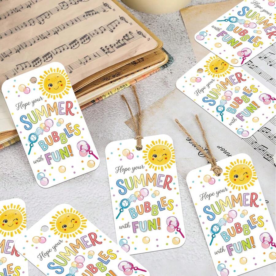 50pcs Summer Theme Gift Tags With Hemp Rope - "Hope Your Summer Bubbles With Fun" Paper Hanging Tags For Birthday Wedding Bridal Shower, Perfect For Gift Wrapping & Party Favor - A - View 1