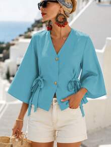 1pc Solid Color Woven Fabric Bow Tie Blouse, Suitable For Vacation And Daily Wear, Spring/Summer - Baby Blue - View 6