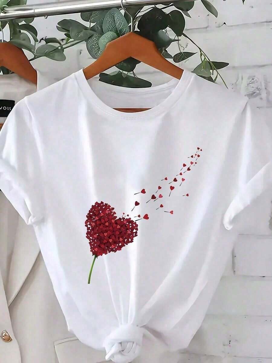 Blusa de Verano de Algodón Puro Cuello Redondo Manga Corta con Diseño de Corazón Tejido de Punto de Alta Calidad y a la Moda Cómoda Top Casual para Uso Diario camisas de mujer - Blanco 3 - Ver 1