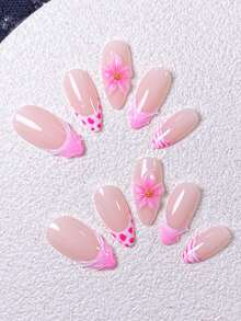 10pcs Summer Handmade Press-On Nails, Almond Shaped Fake Nails, Sweet Pink Girly Style Nail Art, Hand-Painted Nude Pink & Pink French Tips, 3D Pink Flowers, Heart Polka Dots, Zebra Print Design, Transparent Jelly Finish, Sweet Youthful & Versatile, Includes Nail Tools, Quick Application & Removal, Suitable For Summer Dates, Outings, Etc., Exclusive Summer Almond Shaped Nail Stickers For Women And Girls - Baby Pink - View 3
