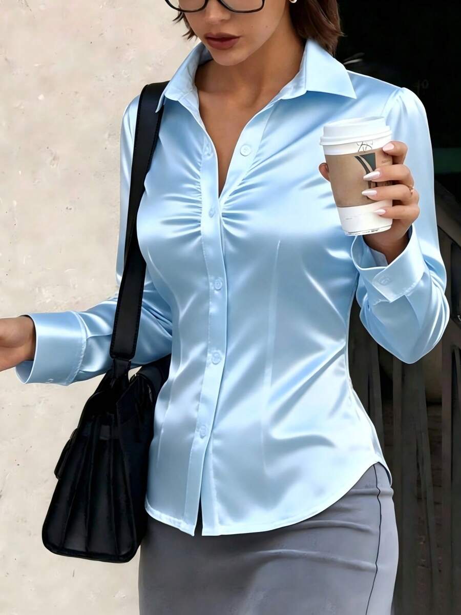 女款優雅長袖緞面襯衫,純色,適合四季穿著,日常通勤、辦公室穿搭與返校適用 - 淺藍色 - 查看 1