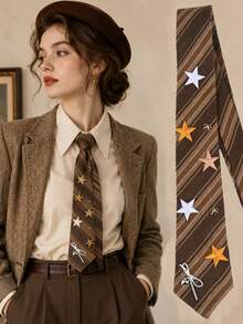 Star Pattern Necktie, Solid Color Bow Tie Accessory - Coffee Brown - View 1