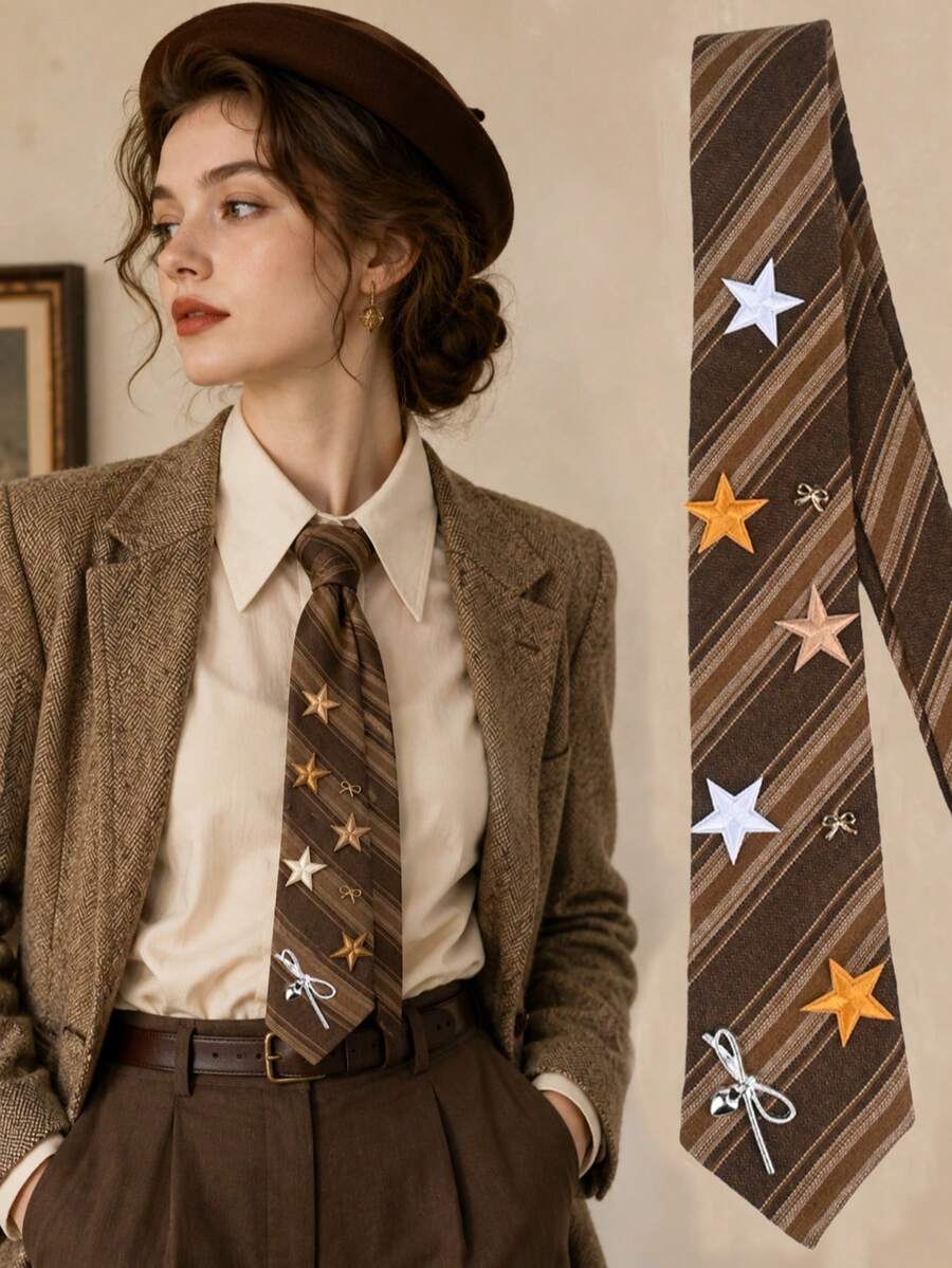 Star Pattern Necktie, Solid Color Bow Tie Accessory - Coffee Brown - View 1