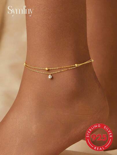 A 925 Sterling Silver Double-Layered Round Cubic Zirconia Pendant Anklet, Perfect For Women To Wear Daily Or On Summer Vacations
