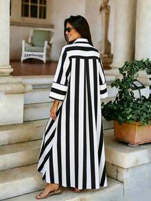 Women's Colorblock Wide Striped Dress, Spring/Summer Black Elegant - Black - View 5